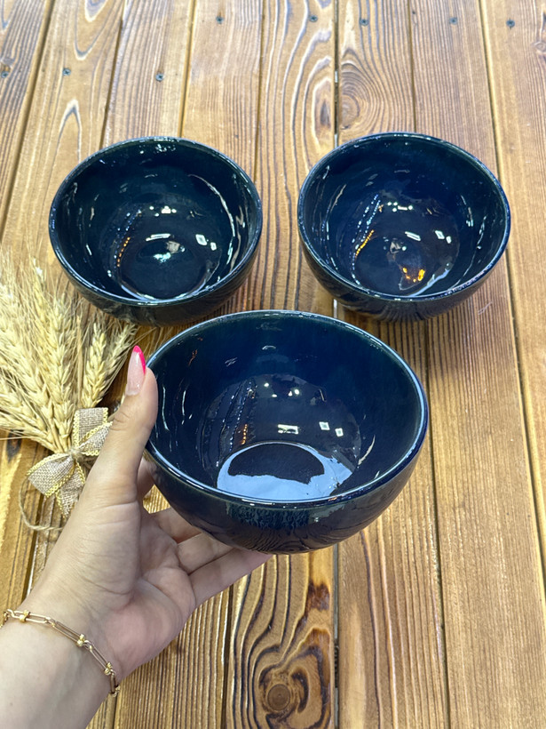کاسه آبگوشتی سرمه ای سفالی سه عددی درجه ۲